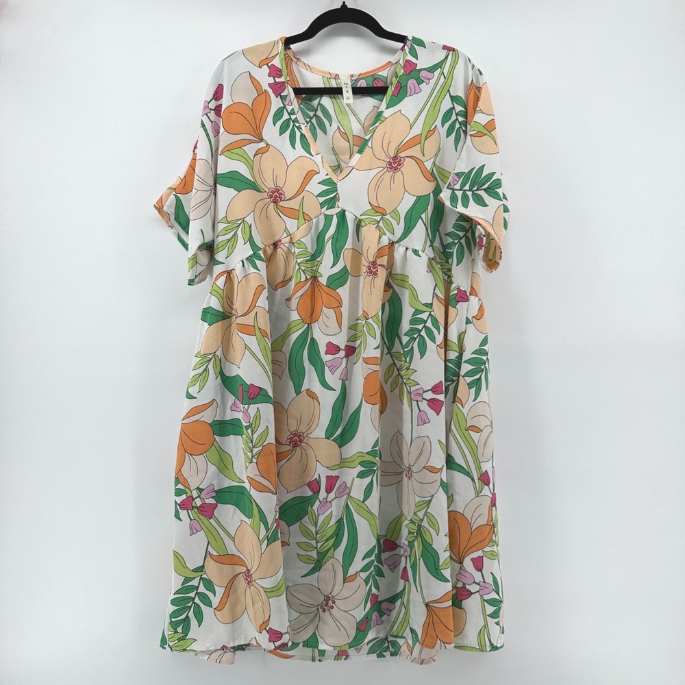 MTS Floral Babydoll Dress Medium V-Neck Short Sleeve Orange Green D1908 USA